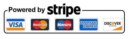 Powered by Stripe - Visa, Mastercard, Maestro, American Express, Discover